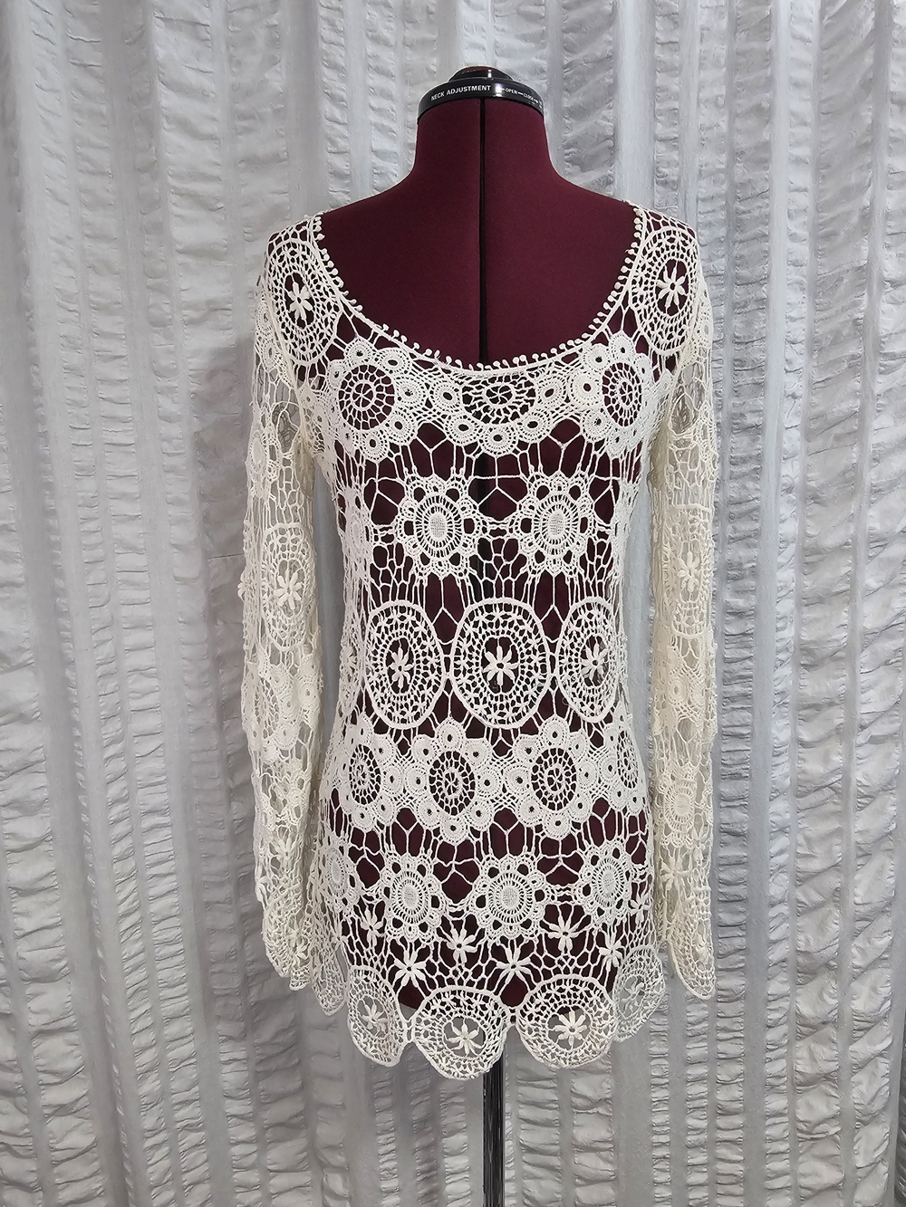 Whimsy Romantic Cream Crochet Lace Tunic Long Sleeve Resortwear Swim Cover Up